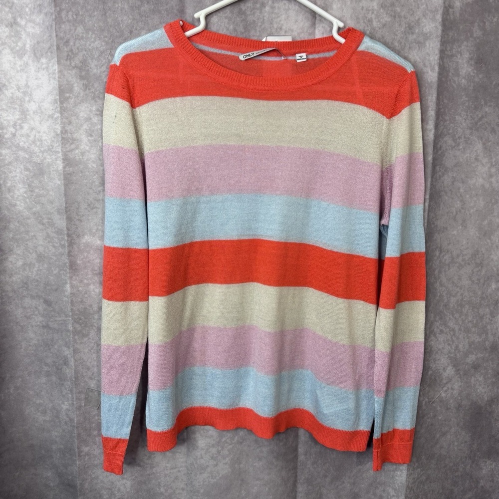 NWT ONLY Our Story Sweater Women's Large Striped Coral Pink Lightweight Pullover